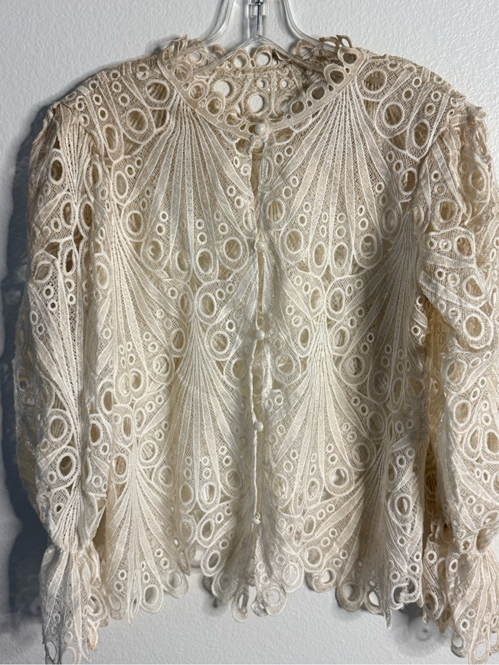 Ivory Ombré Sheer Lace Bell Sleeve Blouse Size Small (40”-44” B) - Picture 5 of 8